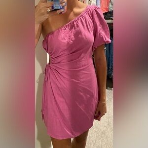 Hello Molly Pink Ruched Linen One Shoulder Sundress with Cutout